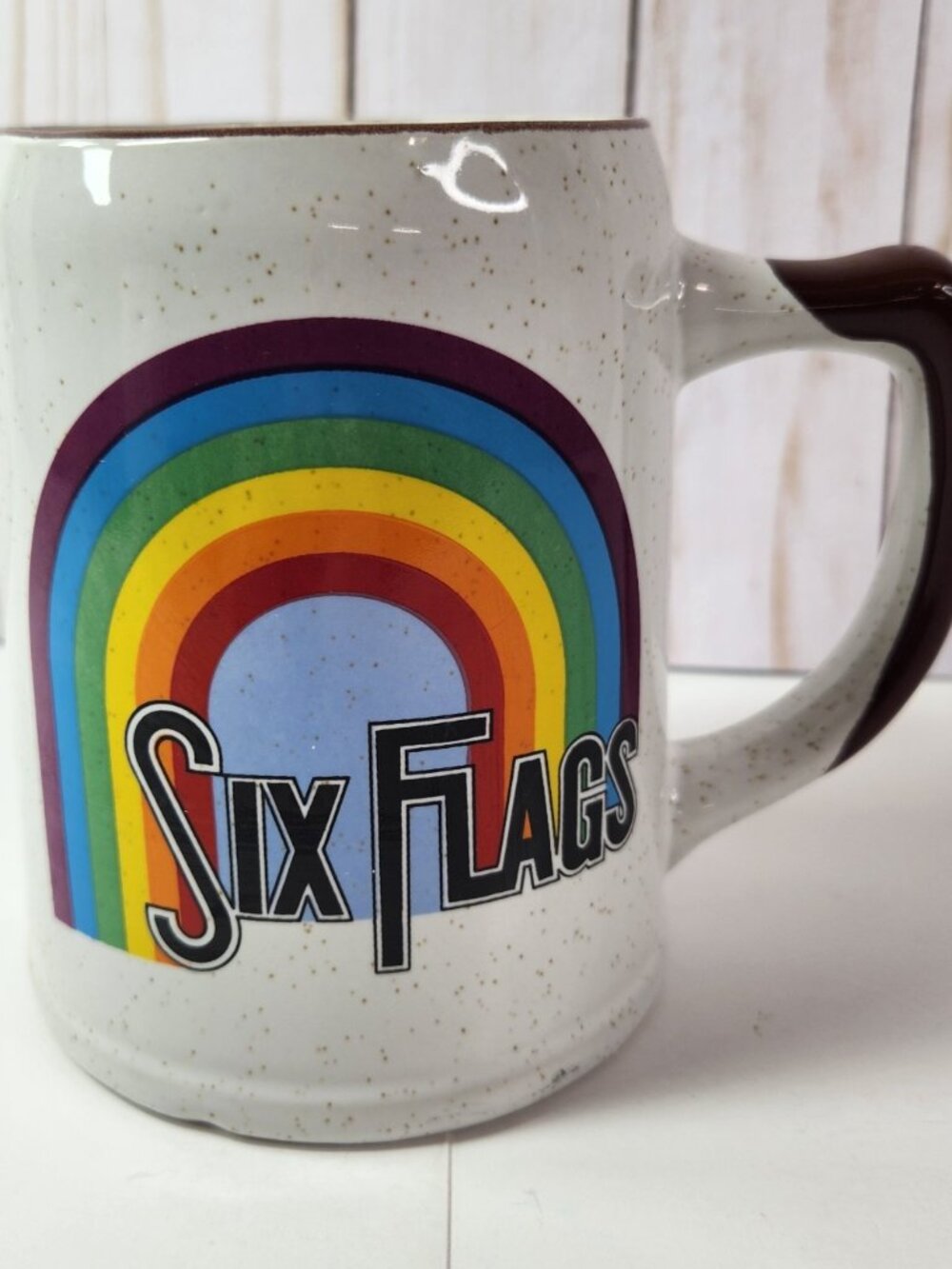 Vintage Six Flags Coffee Mug 20 oz Stoneware Amusement Park Rainbow READ